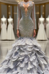 Fabulous Long Mermaid V-neck Sequined Beading Feather Tulle Semi Formal Prom Dress with Sleeves